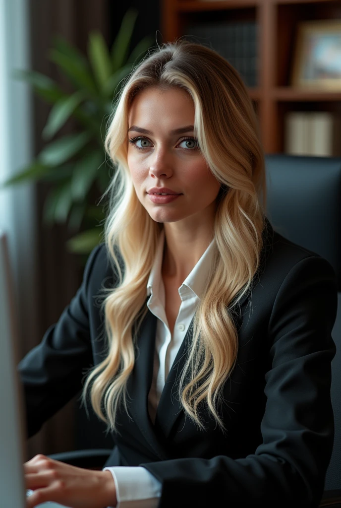 a pretty one with long blonde hair, detailedeyes, nase, and lips, wearing professional clothing, sitting in his office, using your computer, HP computer (best qualityer,4K,8k,high resolution,work of art:1.2),ultra detali,(realisitic,photorealisitic,photo-realisitic:1.37),HDR,studio lighting,extremely detailed face and body, portraite,cinematic lighting,dramatic lighting,warm color tones,dramatic colors