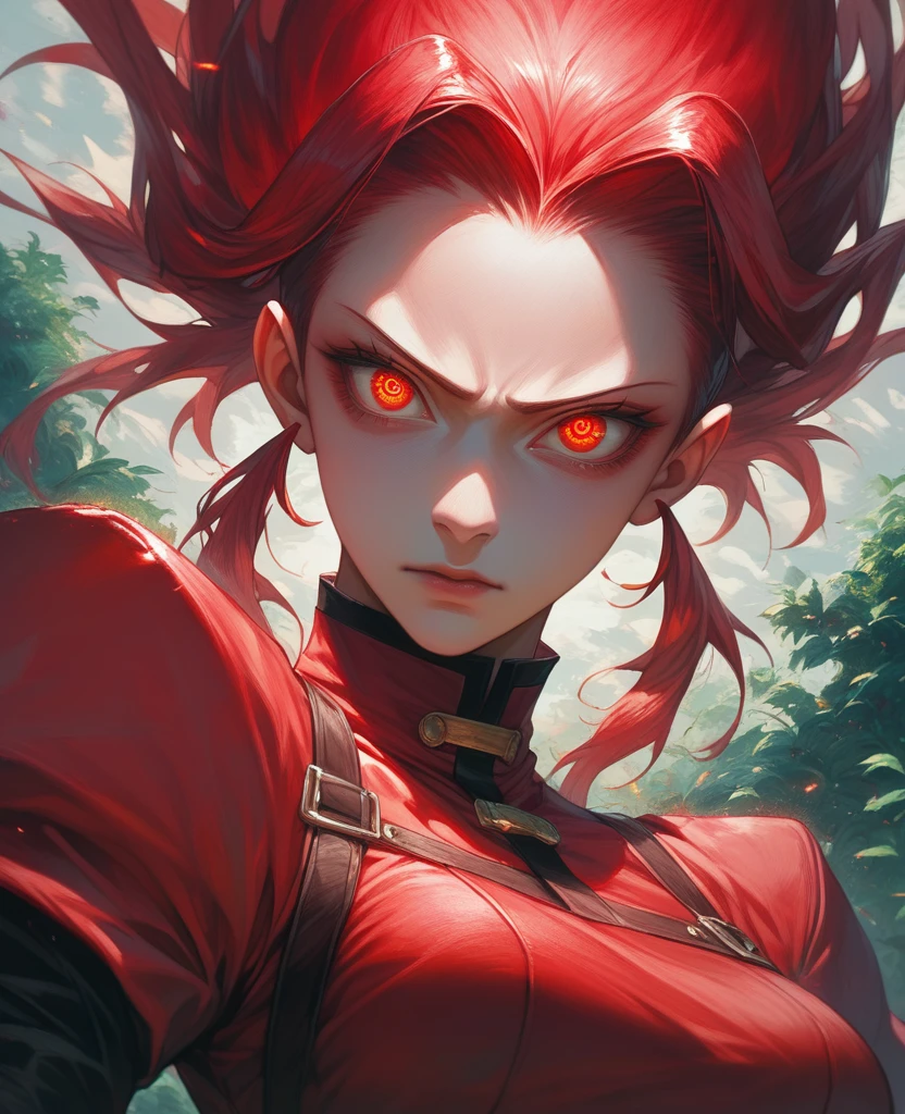 anime girl with red hair and yellow eyes in front of a bush, crimson red hair and red eyes, glowing crimson head, detailed digital anime art, with red glowing eyes, with glowing red eyes, luminous red eyes, red eyes glowing, anime style 4 k, digital anime art, anime wallpaper 4 k, anime wallpaper 4k, badass anime 8 k, with a dramatic lighting effect enhancing the cinematic atmosphere, rendered in high-resolution 4K