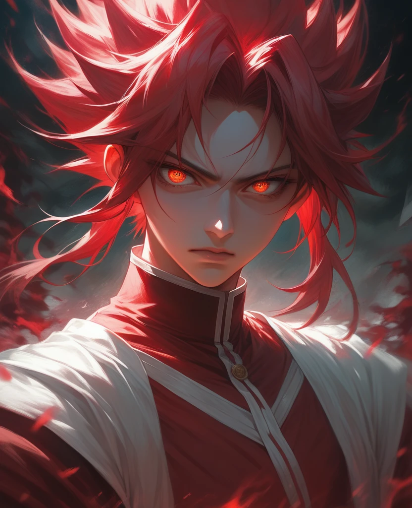 anime girl with red hair and yellow eyes in front of a bush, crimson red hair and red eyes, glowing crimson head, detailed digital anime art, with red glowing eyes, with glowing red eyes, luminous red eyes, red eyes glowing, anime style 4 k, digital anime art, anime wallpaper 4 k, anime wallpaper 4k, badass anime 8 k, with a dramatic lighting effect enhancing the cinematic atmosphere, rendered in high-resolution 4K