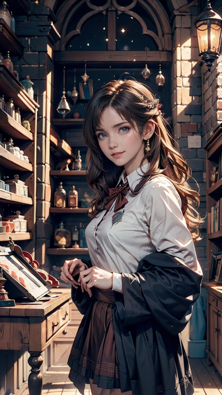 Magic shop interior in a historical setting, Front view, Harry potter, Diagon Alley, Showcase, texture, Maximum details, Pertate board, unmanned, Highest quality, masterpiece, Magic Potion, Mythical creatures、Woman in magic school uniform、Cowboy Shot、smile