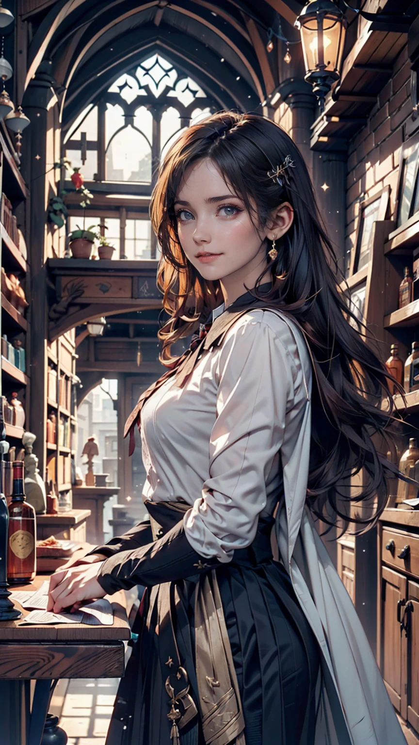 Magic shop interior in a historical setting, Front view, Harry potter, Diagon Alley, Showcase, texture, Maximum details, Pertate board, unmanned, Highest quality, masterpiece, Magic Potion, Mythical creatures、Woman in magic school uniform、Cowboy Shot、smile