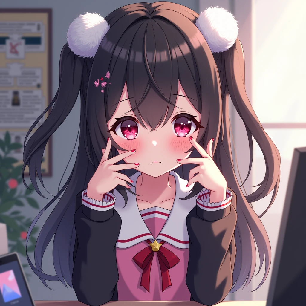 One person, Black Hair,Pink inner color,Long Hair, bangs,Half Twin Tail,Pink eyes, Droopy eyes,Take a closer look, Hearts in eyes, ribbon, Headband, White fluffy hair accessories,anime, anime風, skirt,Pale skin,Frills,Mine system,smartphone,Pink Sailor Suit,Dark cardigan,Drooping eyes,Confused eyes,Worried brow,Yandere,background computer,smartphone,delivery