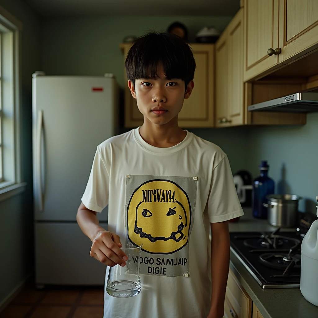 real photos of young Indonesian men's faces. expresso bulging face. wearing a nirvana t-shirt. while his right hand is holding a glass glass filled with water showing it to the camera. left hand pointing towards the glass. atmosphere in the kitchen. Next to it is a gallon and diapenser. Ultra-realistic 8K photograph, shot with a Leica Q2, strong color contrast and sharp clarity --ar 9:16 --quality 2 --