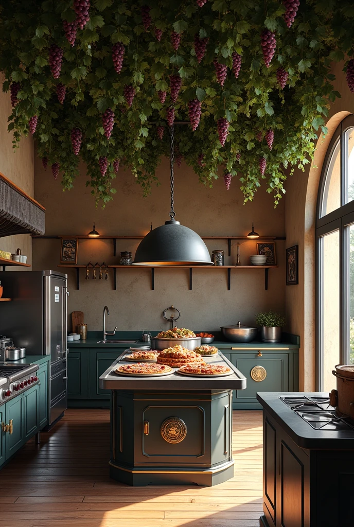 a vintage Italian type restaurant, with vines on the ceiling with some grapes hanging, on the back wall wooden sticks, attached to the back wall, a kitchen and a refrigerator, On the right side, attached to the wall, a metal table for cooking, In the middle of the room an island to display food, On the side walls it will be black and with plaster drawings alluding to Italy, without tables and without windows, simpler

