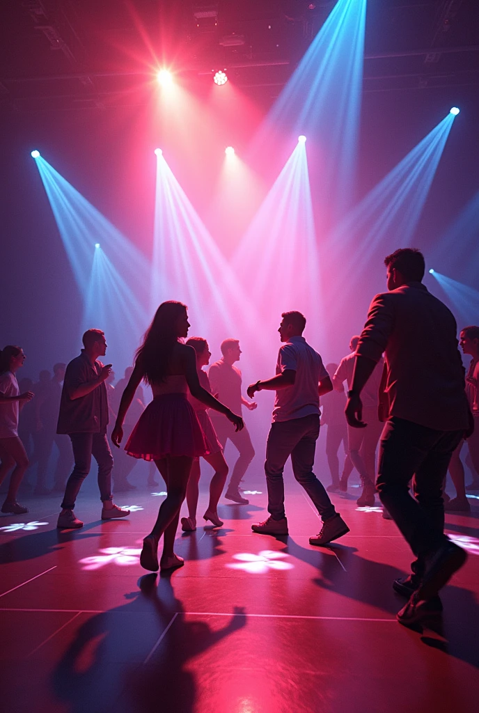 A dancing floor people dancing in it and lights are coming out from top to them