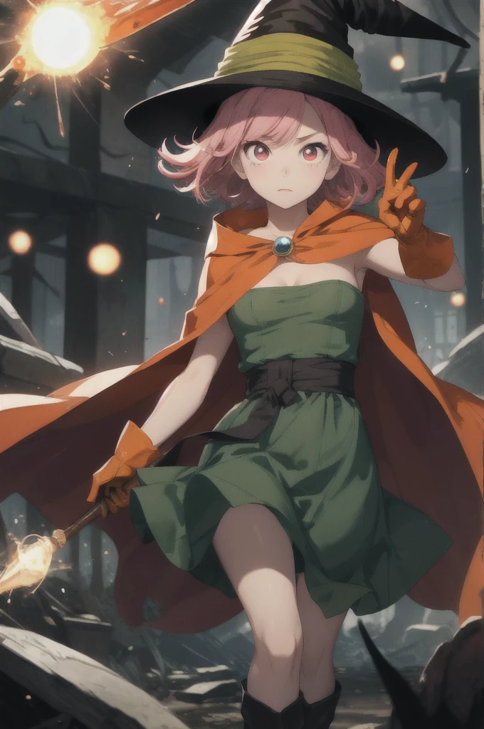 AS-Young V2,
(8k,  masterpiece, Highest quality, High resolution), Fantasy,
cute顔, cute, Very big eyes, Aesthetic Anime Eyes, Small face,
magician \(dq3\),
short hair, Pink Hair, Red eyes, Large Breasts,
witch hat, gloves, Green Dress, Orange Cape,
staff,
witch,
Contempt, 
Fight, Finding, Casting a Spell,
Particles of light,
wasteland,
One person, alone,