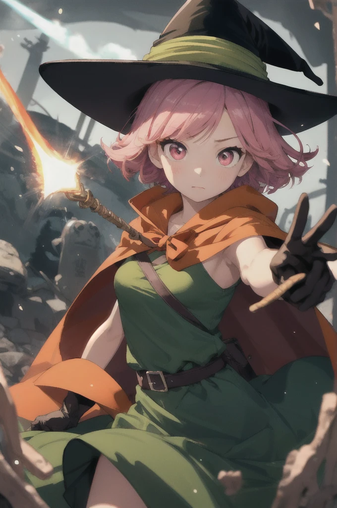 AS-Young V2,
(8k,  masterpiece, Highest quality, High resolution), Fantasy,
cute顔, cute, Very big eyes, Aesthetic Anime Eyes, Small face,
magician \(dq3\),
short hair, Pink Hair, Red eyes, Large Breasts,
witch hat, gloves, Green Dress, Orange Cape,
staff,
witch,
Contempt, 
Fight, Finding, Casting a Spell,
Particles of light,
wasteland,
One person, alone,