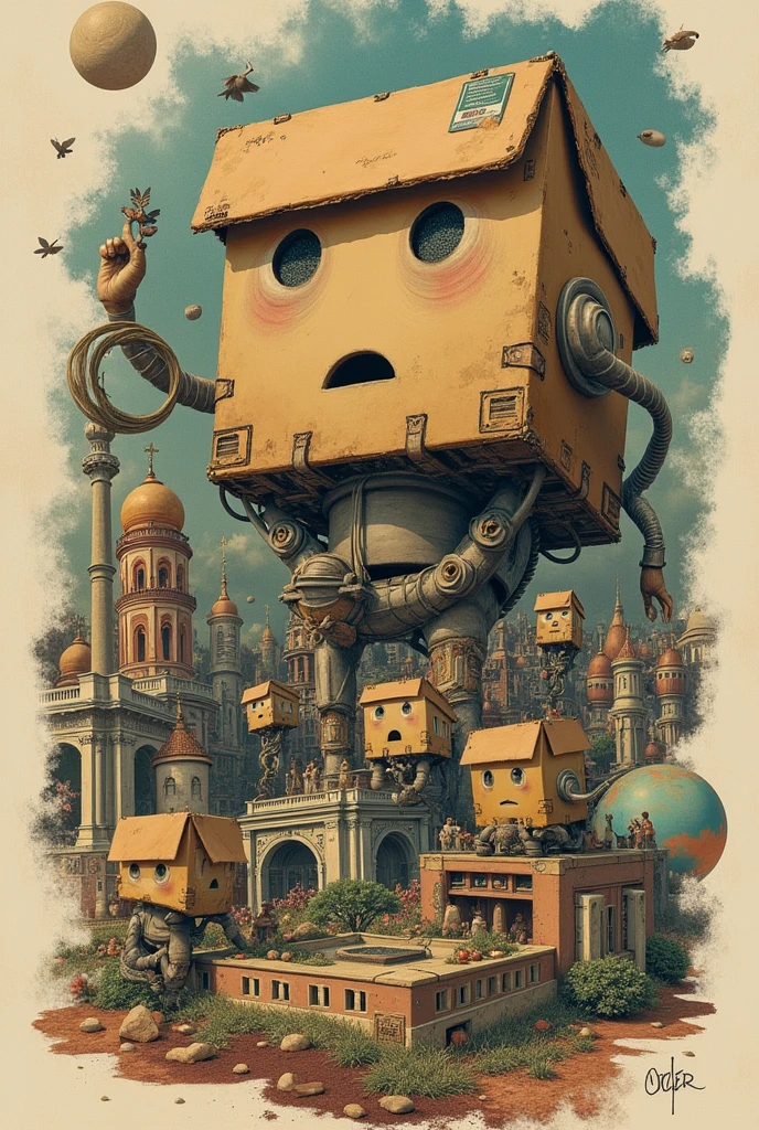 Create a collage of a movie and its sequels called the order from 1 to 3. The sign is of an order that does not reach its destination. It is lost and looks for all the ways to get there. Let the protagonist be a box and let the title of the movie be seen.