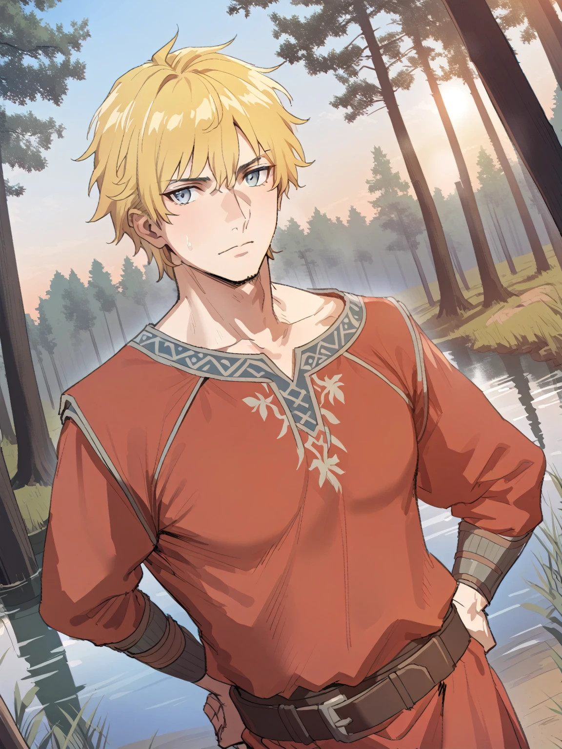 {{upper body, dutch angle}} {{Artist: sincos}} 1boy, male, blond hair, short hair, gray-blue eyes, slavic tunic, leather belt, outdoors, forest lake, standing, hands on hips, pov, medieval fantasy