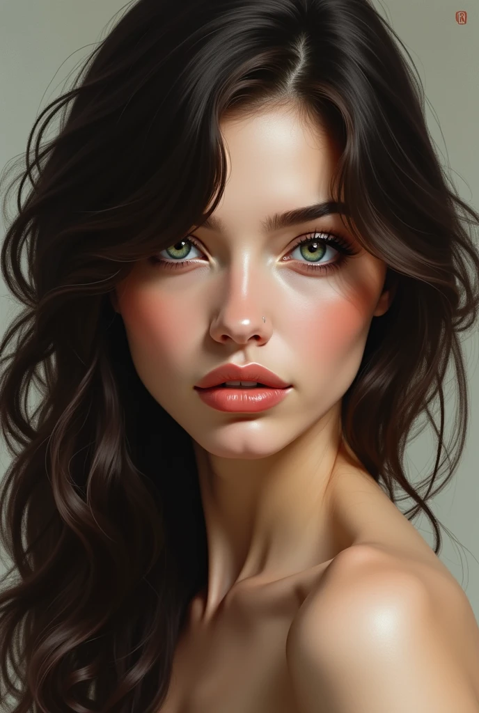 Le portrait d’une femme brune avec les yeux claire et une belle bouche 