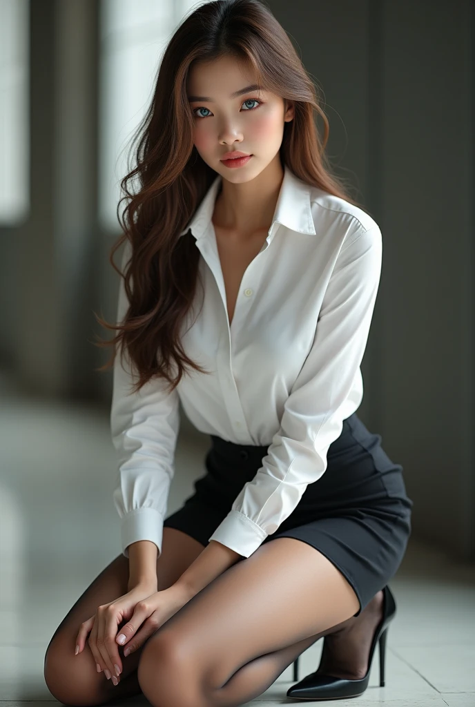 Photorealism, beautiful SouthEast Asian girl of 22yo, light brown and long hair, blue eyes, very beautiful face for Westerns. She works out and is athlete and fit, she has an amazing body. She is dressed as a secretary with a white shirt a tight mini skirt and it can be noticed her stockings and she also wears high heels. She is on the floor in her knees looking to the viewer, smiling, and winking one eye. She is so sexy.