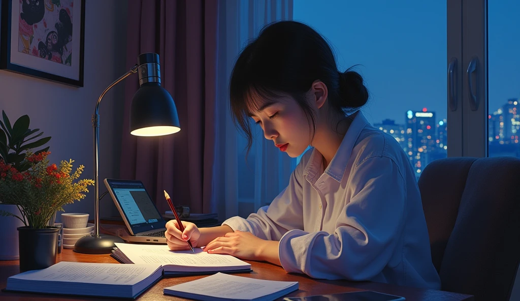 A stunning oil painting of a young beautiful Korean woman studying, beautifully portrayed with a lost and melancholic expression. In the soft glow of a study lamp, a she sits in her comfortable chair, surrounded by the organized chaos of study materials. Her desk is cluttered with open books, a laptop, and a mobile phone, each item a tool in her quest for knowledge. In a softly lit room, the young girl sits at her desk, engrossed in her studies. The warm glow from her desk lamp casts a gentle light over her open books, laptop, and scattered notes. Standing beside her, her elderly father and her mother watch with evident pride and admiration. Their faces are illuminated by the room's light, reflecting their joy and satisfaction. The window beside her at a distance, reveals the deep blue of night time, with the city lights faintly glimmering in the distance. The room is bathed in a warm, focused light that contrasts with the cool darkness outside, creating a serene, studious atmosphere., adding to the sense of unease. The painting exhibits a dream-like, impressionistic style, with visible brushstrokes that create a sense of depth and texture. The color palette primarily consists of deep purples, greys, and blacks, evoking a depressive atmosphere. wide shot.