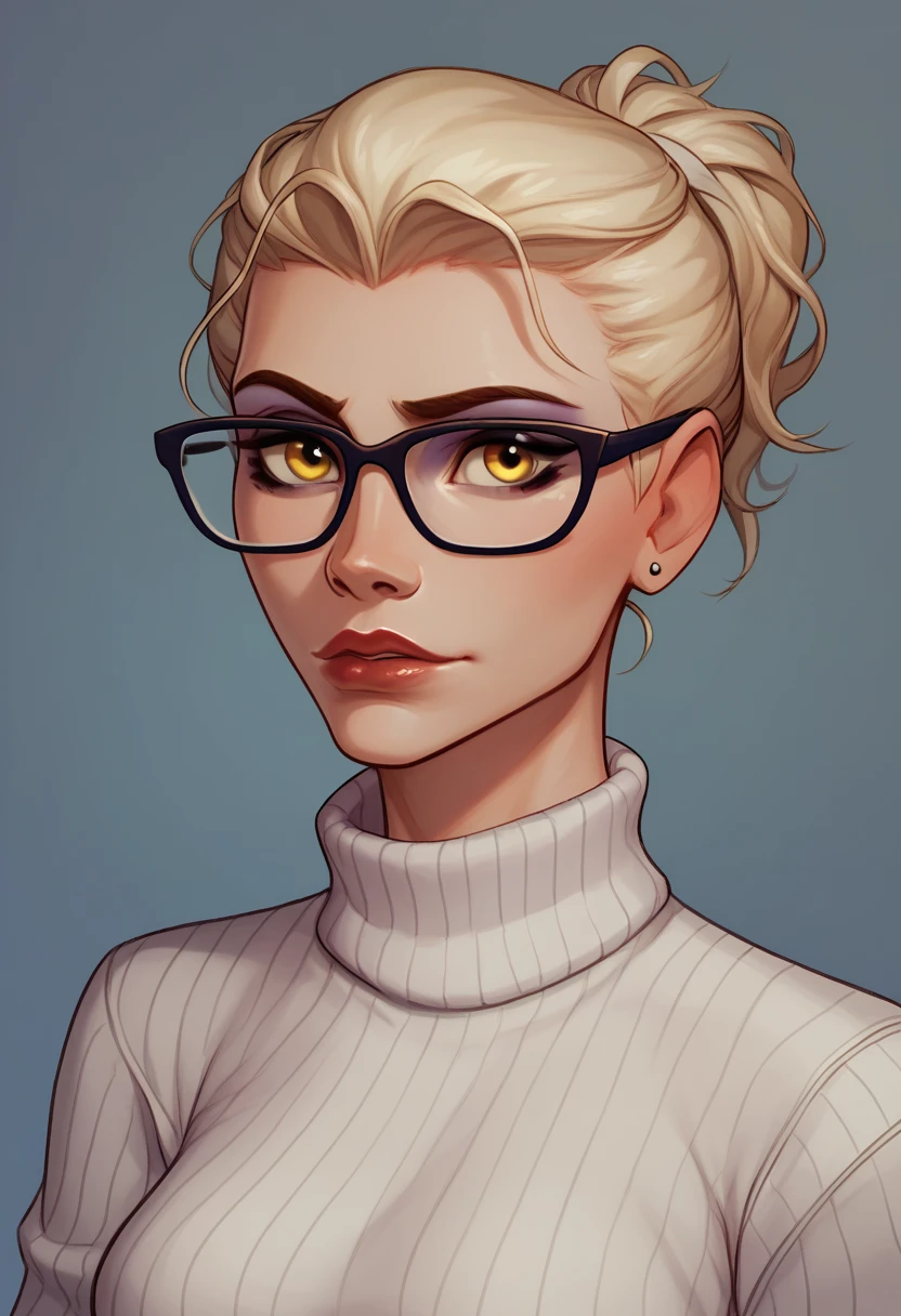 1girl, solo, widowmaker \(overwatch\), turtleneck sweater, glasses, makeup, portrait,