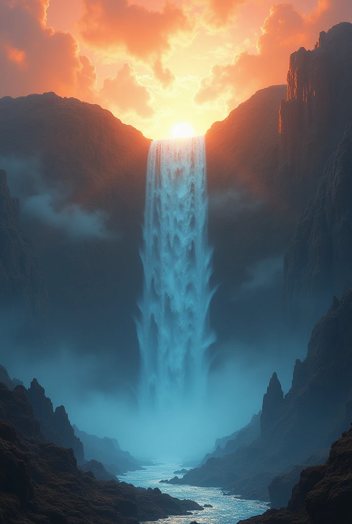 "It is evening, and the sky is tinged with an orange hue. Amongst this, fragments of clouds are visible, and from the sky, a massive waterfall is descending onto the earth, its color is blue."