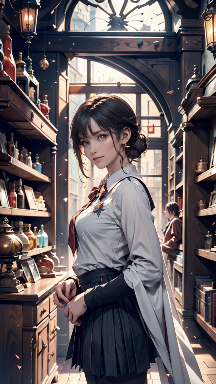 Magic shop interior in a historical setting, Front view, Harry potter, Diagon Alley, Showcase, texture, Maximum details, Pertate board, unmanned, Highest quality, masterpiece, Magic Potion, Mythical creatures、Woman in magic school uniform、Cowboy Shot、smile