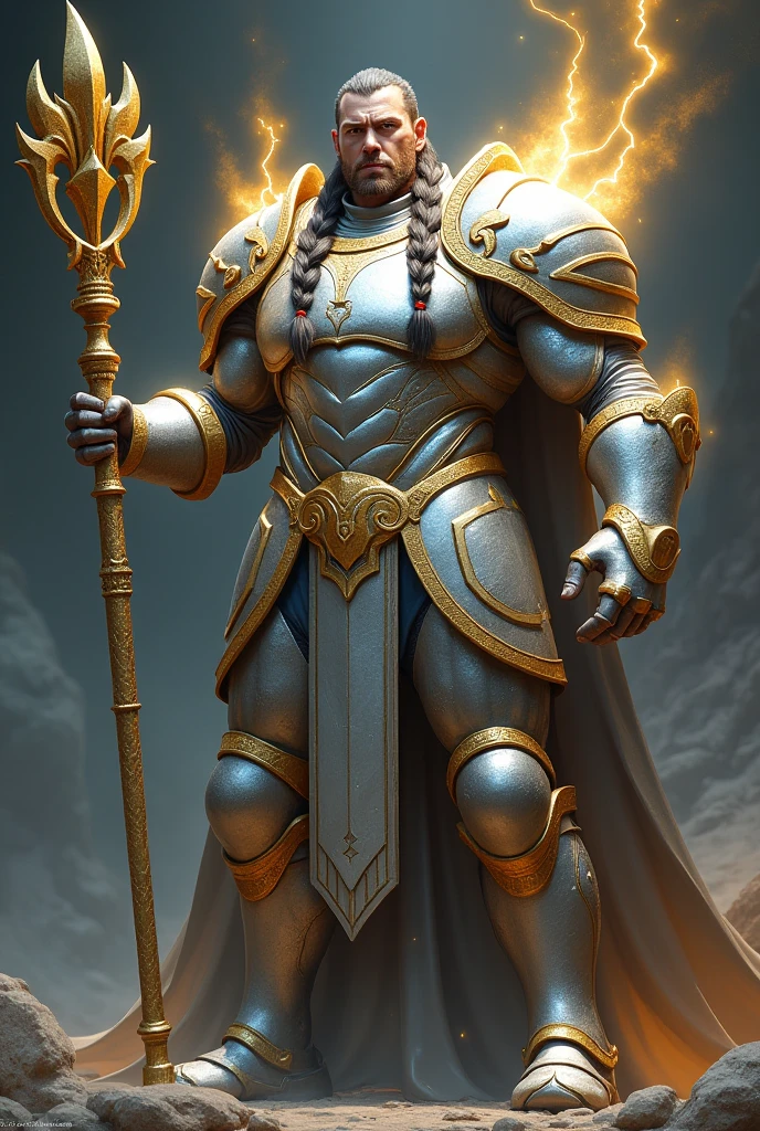 generate images of a large muscular man with two braids of his hair beside his face
in white and silver coloured armour holding a gold staff
Cover his entire body in hundred percent silver armour increase his size and make lightening radiate from his body