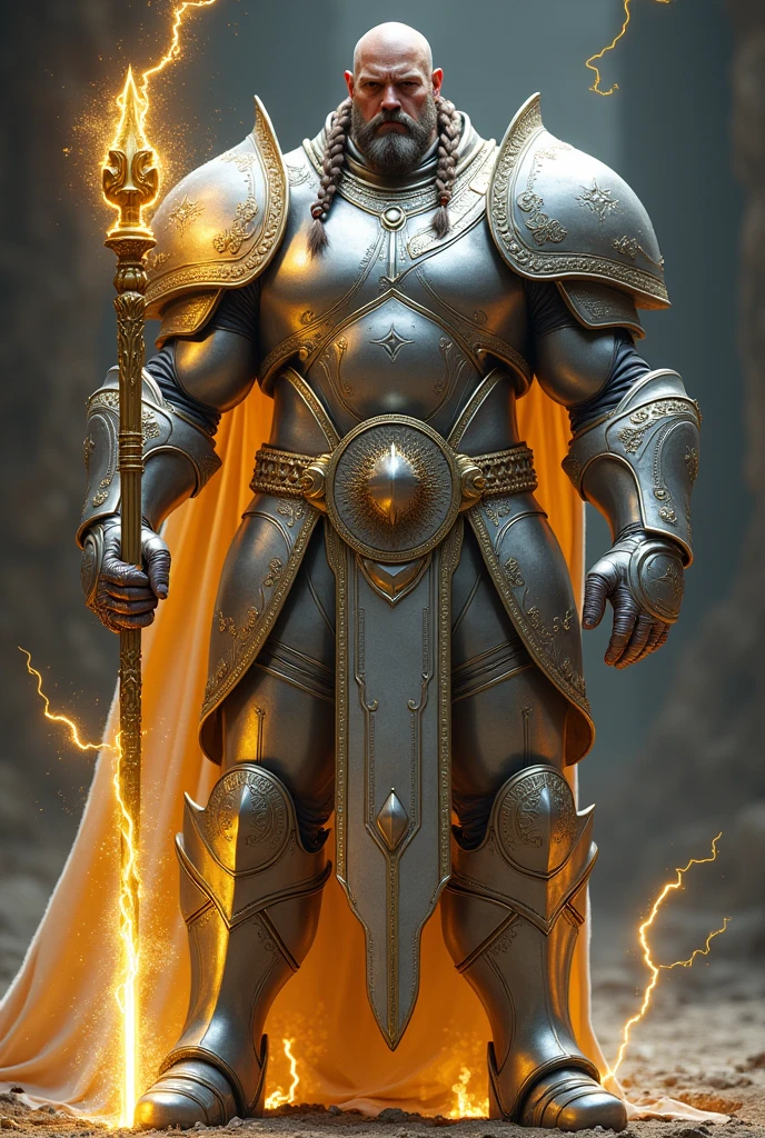 generate images of a large muscular man with   two braids of his hair beside his face
in white and silver coloured armour holding a gold staff
Cover his entire body in hundred percent silver armour increase his size  and make lightening  radiate from his body