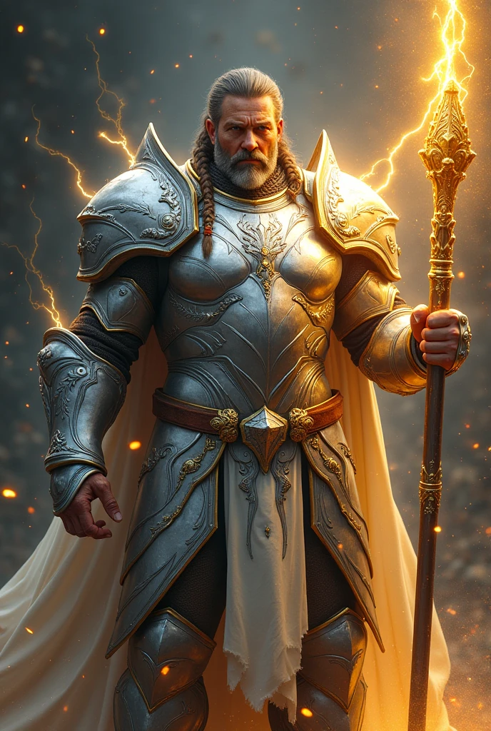 generate images of a large muscular man with two braids of his hair beside his face
in white and silver coloured armour holding a gold staff
Cover his entire body in hundred percent silver armour increase his size and make lightening radiate from his body