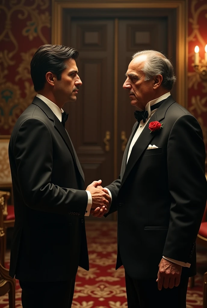 Recreate image of Tony Montana from the movie Scarface doing a handshake with Vito Corleone from the movie The Godfather with the same characteristics of the movies Change the characters
