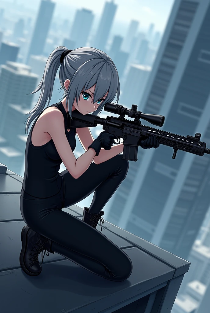 18 year old anime girl with gray hair and blue eyes wearing black clothes standing on the roof of a building trying to snipe and holding a gun