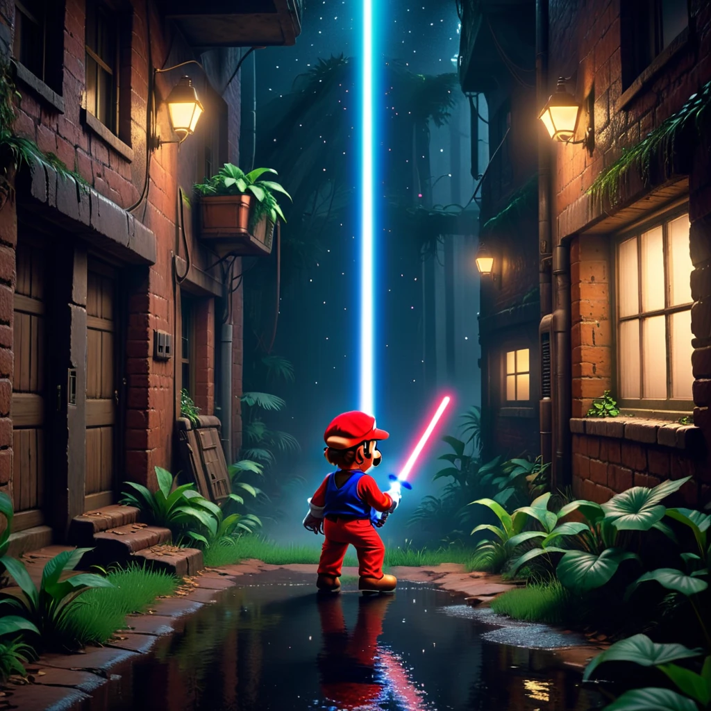 mantra, procedural generation, Nintendo gameplay, BREAK  A remake of the movie Star Wars IV A New hope, smb artstyle,  low wide shot, using light sabers on mouth,  after midnight, dark, illumination from light sabre. Áñadele un texto que diga bank bins