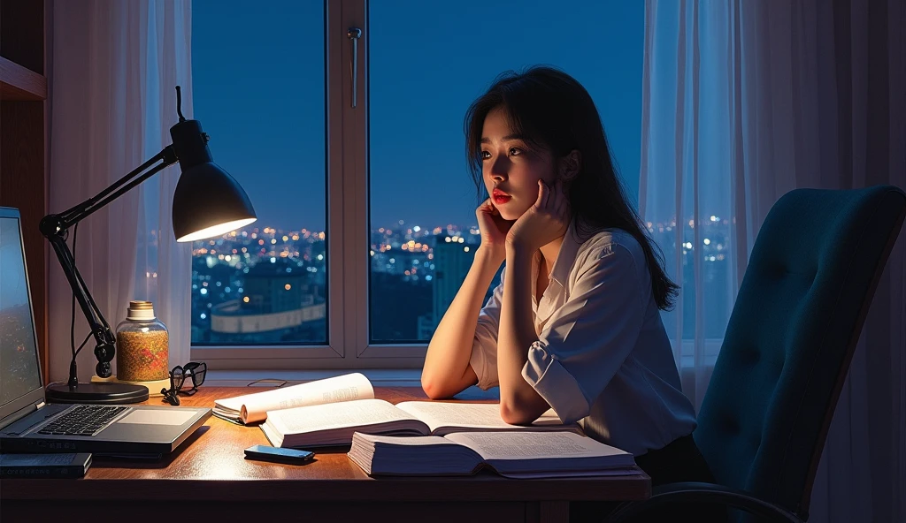 A stunning oil painting of a young beautiful Korean woman studying, beautifully portrayed with a lost and melancholic expression. In the soft glow of a study lamp, a she sits in her comfortable chair, surrounded by the organized chaos of study materials. Her desk is cluttered with open books, a laptop, and a mobile phone, each item a tool in her quest for knowledge. In a softly lit room, the young girl sits at her desk, engrossed in her studies. The warm glow from her desk lamp casts a gentle light over her open books, laptop, and scattered notes. Standing beside her, her elderly father and her mother watch with evident pride and admiration. Their faces are illuminated by the room's light, reflecting their joy and satisfaction. The window beside her at a distance, reveals the deep blue of night time, with the city lights faintly glimmering in the distance. The room is bathed in a warm, focused light that contrasts with the cool darkness outside, creating a serene, studious atmosphere., adding to the sense of unease. The painting exhibits a dream-like, impressionistic style, with visible brushstrokes that create a sense of depth and texture. The color palette primarily consists of deep purples, greys, and blacks, evoking a depressive atmosphere. wide shot.