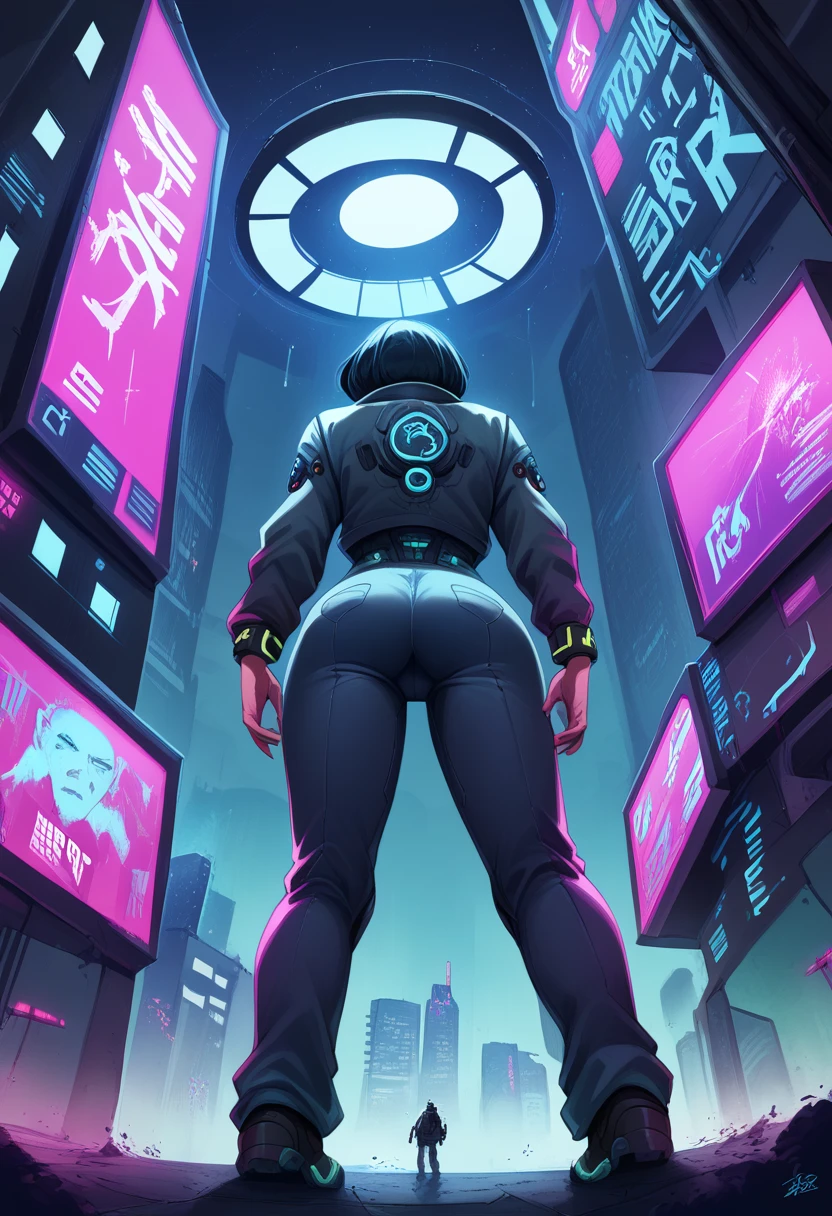 A black and white scene with a cyberpunk art style featuring a dramatic, high vanishing point perspective, from an angle behind a female character. She has a short, dark haircut, and is wearing a form-fitting futuristic suit with technological details. The woman is standing on the edge of a tall building, looking down at a vast, dense city filled with skyscrapers rising into the sky. The city is illuminated by artificial lights reflecting off the windows of the buildings and onto her suit. The texture of the image has a fine line finish, as if it were a detailed engraving or illustration. The atmosphere is dark and mysterious, with a sense of surveillance and technological control.