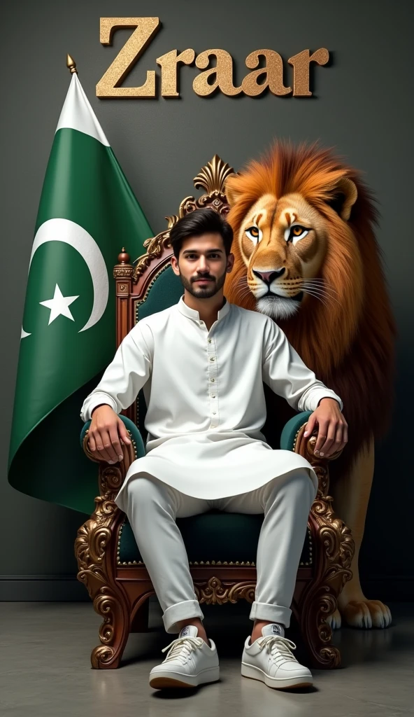 Create a 3D illusion for the profile picture where a cute 18 year old boy in white kurta is sitting comfortably on the chair of the King of Beasts throne. Pakistani flag in hand And a ferocious lion next to me. Wearing sneakers, he looks ahead. “ZRAAR” is written in large, Boss font on the dark gray wall in the background. 4k