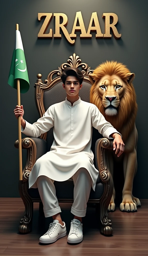 Create a 3D illusion for the profile picture where a cute 18 year old boy in white kurta is sitting comfortably on the chair of the King of Beasts throne. Pakistani flag in hand And a ferocious lion next to me. Wearing sneakers, he looks ahead. “ZRAAR” is written in large, Boss font on the dark gray wall in the background. 4k