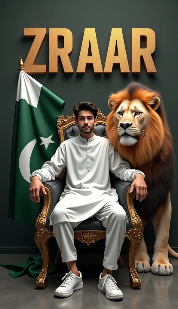 Create a 3D illusion for the profile picture where a cute 18 year old boy in white kurta is sitting comfortably on the chair of the King of Beasts throne. Pakistani flag in hand And a ferocious lion next to me. Wearing sneakers, he looks ahead. “ZRAAR” is written in large, Boss font on the dark gray wall in the background. 4k
