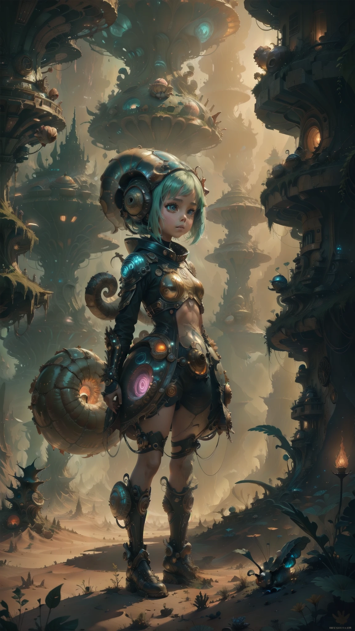 "((masterpiece)), highly detailed, digital illustration, a young girl standing on a vast, alien landscape, interacting with a gigantic snail with glowing patterns on its shell, the snail’s antennae waving gently as it gazes at her, surreal and dreamlike atmosphere, blending elements of science fiction and fantasy, the girl’s futuristic outfit adorned with small gadgets and lights, vibrant colors contrasting with the strange, otherworldly environment, a sense of curiosity and wonder",Mysticstyle