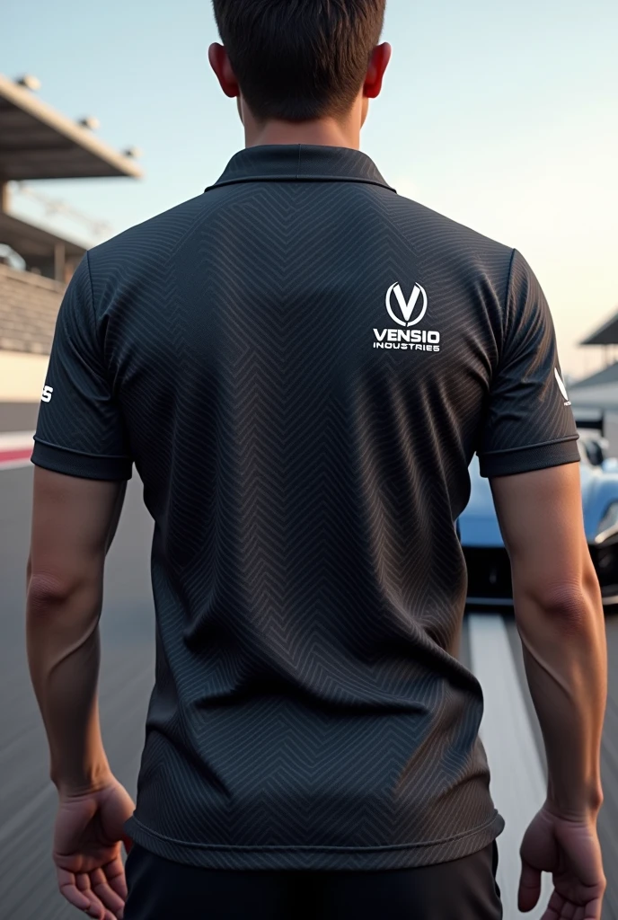 create sublimated polo shirt with VENSIO INDUSTRIES letters on it without wearing with racing background