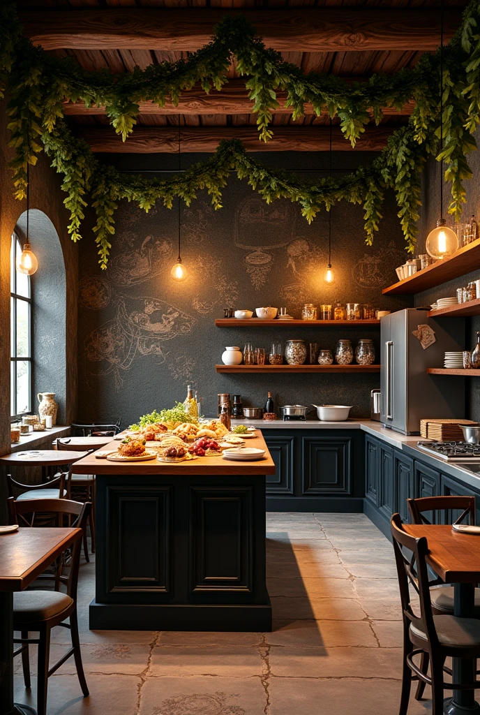 a vintage Italian type restaurant, with vines on the ceiling with some grapes hanging, on the back wall wooden sticks, attached to the back wall, a kitchen and a refrigerator, On the right side, attached to the wall, a metal table for cooking, In the middle of the room an island to display food, On the side walls it will be black and with plaster drawings alluding to Italy, without tables and without windows, not so simple
