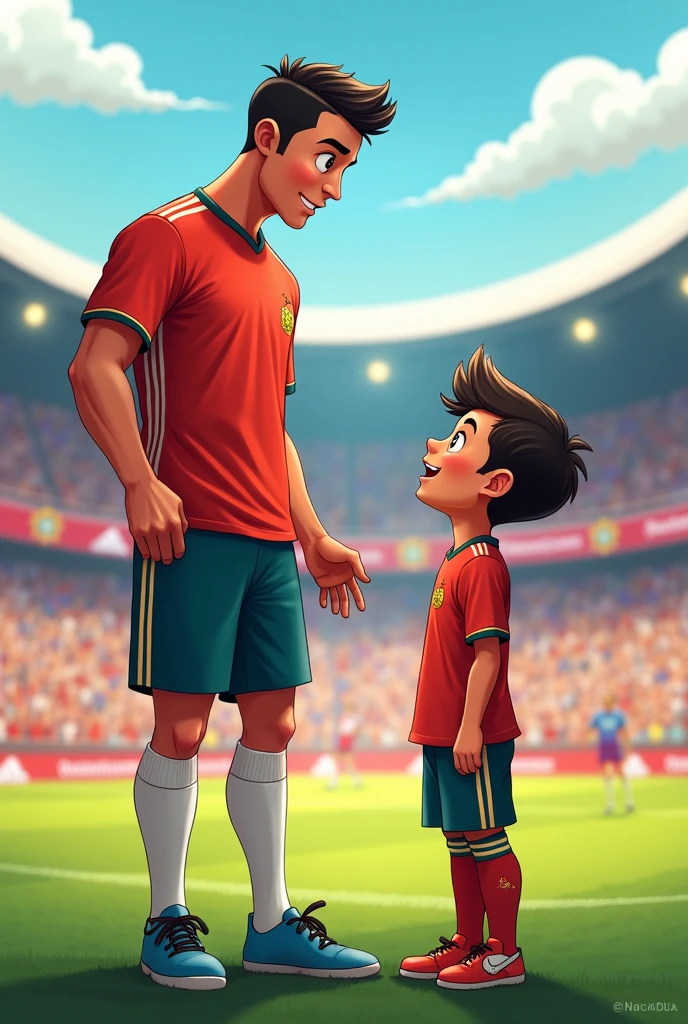 Cartoon photo. A footballer boy with his idol Ronaldo