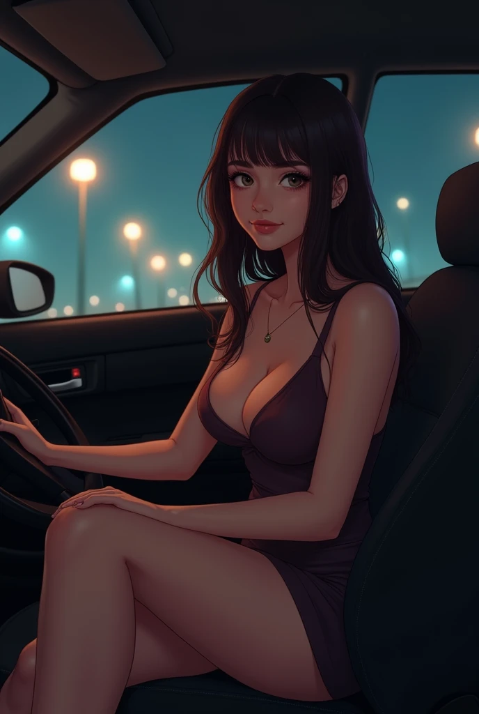 Cute eighteen , passenger seat of car, short dress, low cut top, brunette, young, eye contact, nighttime, street lights, smiling, smile, young girl, thin legs, skinny, short skirt, eighteen, sweet, parking lot, closed mouth, mouth closed, slim, tiny body, 18