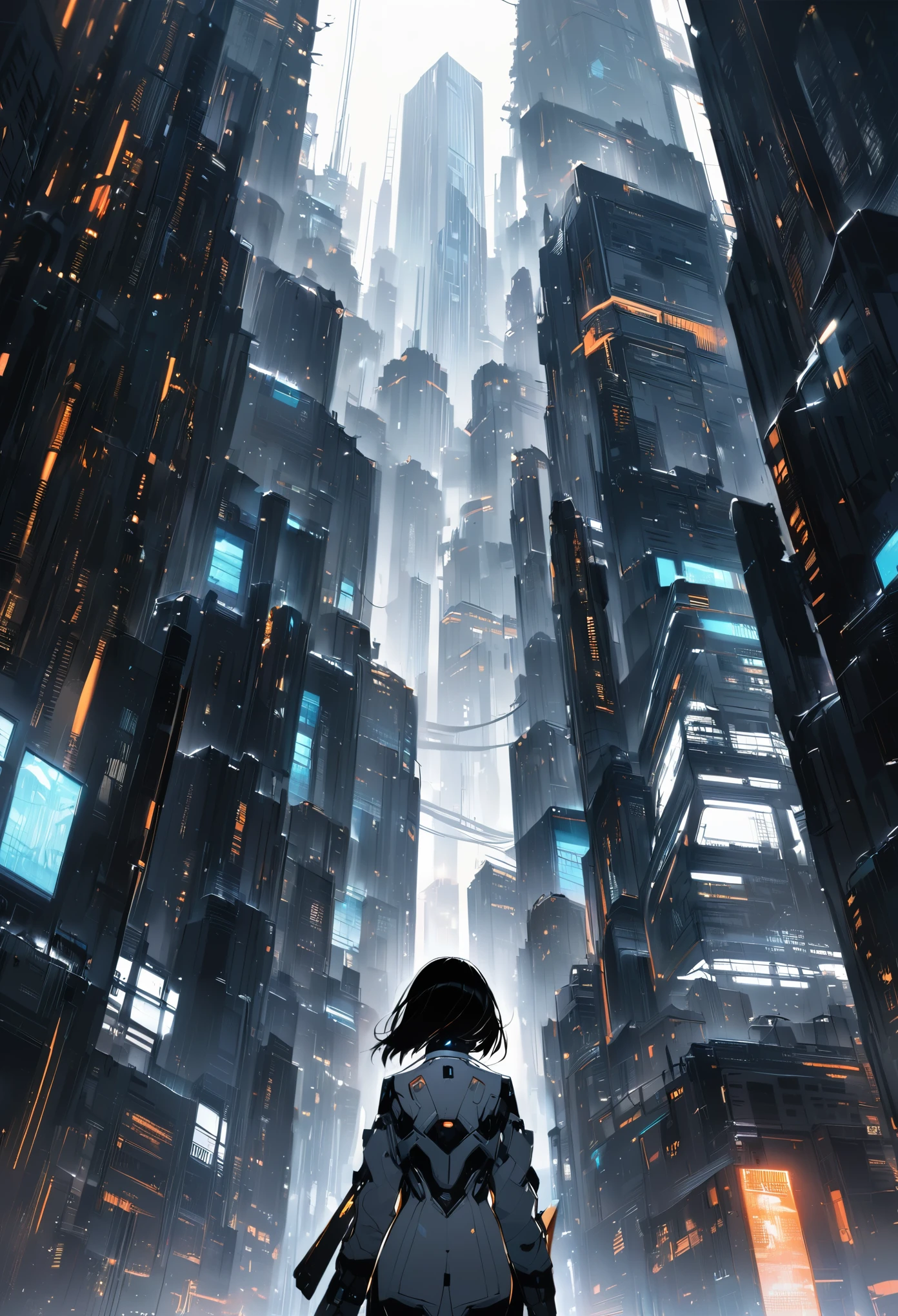 A black and white scene with a cyberpunk art style featuring a dramatic, high vanishing point perspective, from an angle behind a female character. She has a short, dark haircut, and is wearing a form-fitting futuristic suit with technological details. The woman is standing on the edge of a tall building, looking down at a vast, dense city filled with skyscrapers rising into the sky. The city is illuminated by artificial lights reflecting off the windows of the buildings and onto her suit. The texture of the image has a fine line finish, as if it were a detailed engraving or illustration. The atmosphere is dark and mysterious, with a sense of surveillance and technological control.