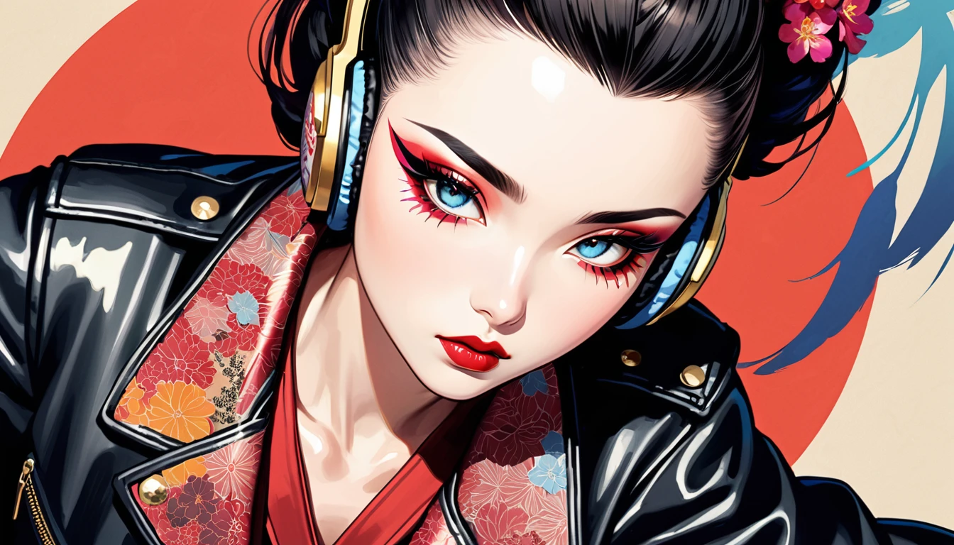 (((Ink Painting))), (((from above))), (((1 female))), (((Leather jacket with Japanese patterns))), (((Mohawk))), (((Very flashy makeup))), Japanese style headphones, face close-up, front view, Japanese beautiful girl, Black Hair, Delicate and precise, Modern ukiyo-e style,Japan, Droopy eyes, round face, Glare, Fuller lips, vivid color