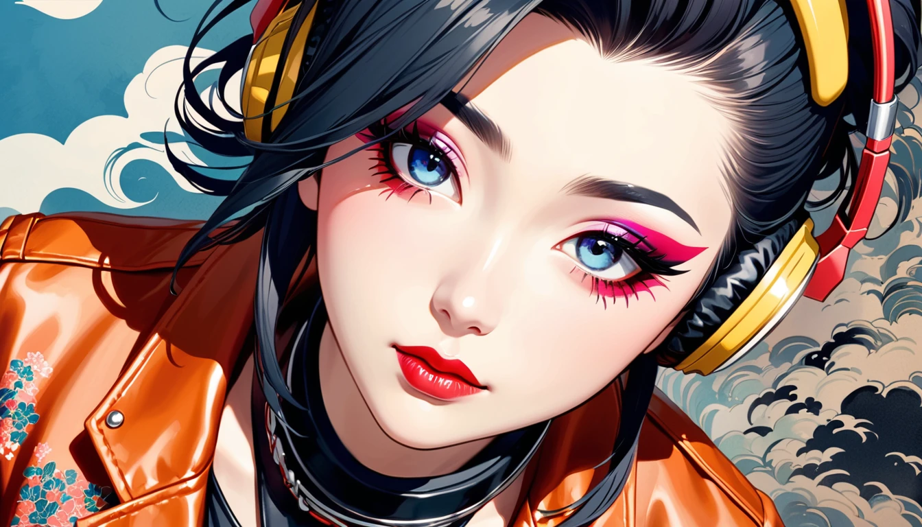 (((Ink Painting))), (((from above))), (((1 female))), (((Leather jacket with Japanese patterns))), (((Mohawk))), (((Very flashy makeup))), Japanese style headphones, face close-up, front view, Japanese beautiful girl, Black Hair, Delicate and precise, Modern ukiyo-e style,Japan, Droopy eyes, round face, Glare, Fuller lips, vivid color