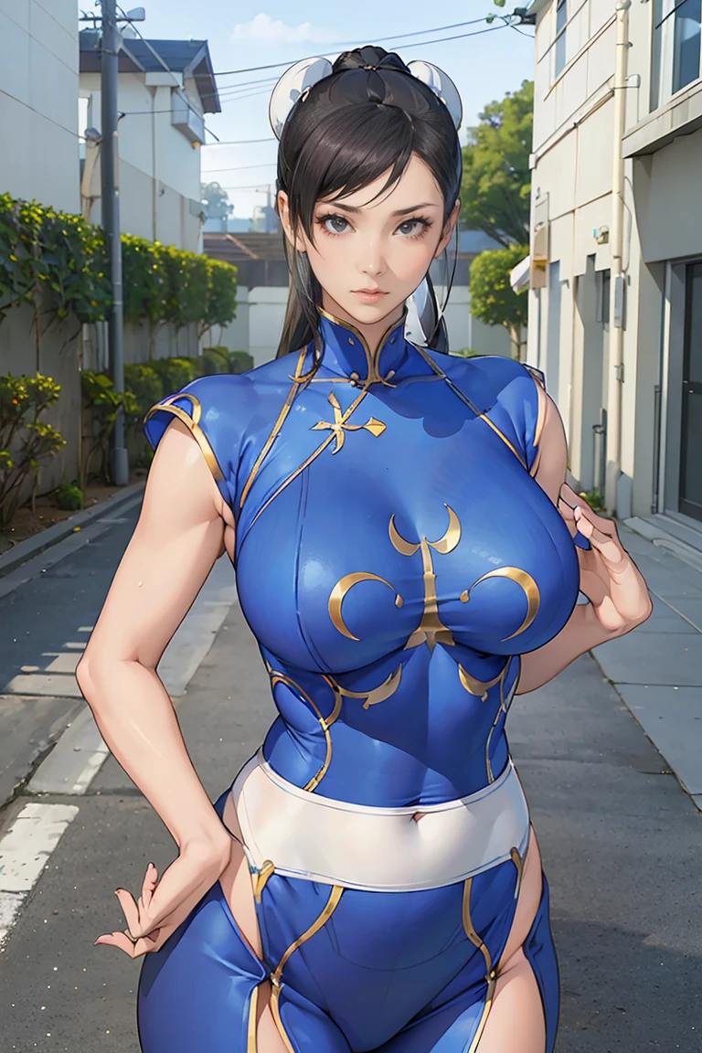 ((A woman modeled after the character Chun-Li)), , Medium Hips, Bright Eyes, Very flashy,gigantic breasts, puffy nipple, tight, ((ultra Realist)), TM Ninja White, icon, cores Vibrants, Vector Style, Digital Art, 4K, Intricate details, Charm, Professionally done, Beautiful vector illustration, 12k resolution, ..3d, Detailed description of all characters, ((Very detailed)), ((Vibrant)),((super high quality)), ((Hyperrealism)), ((Photorealism)), [Octane Rendering] , In the city, Lots of cars (Realist), Very detailed, 