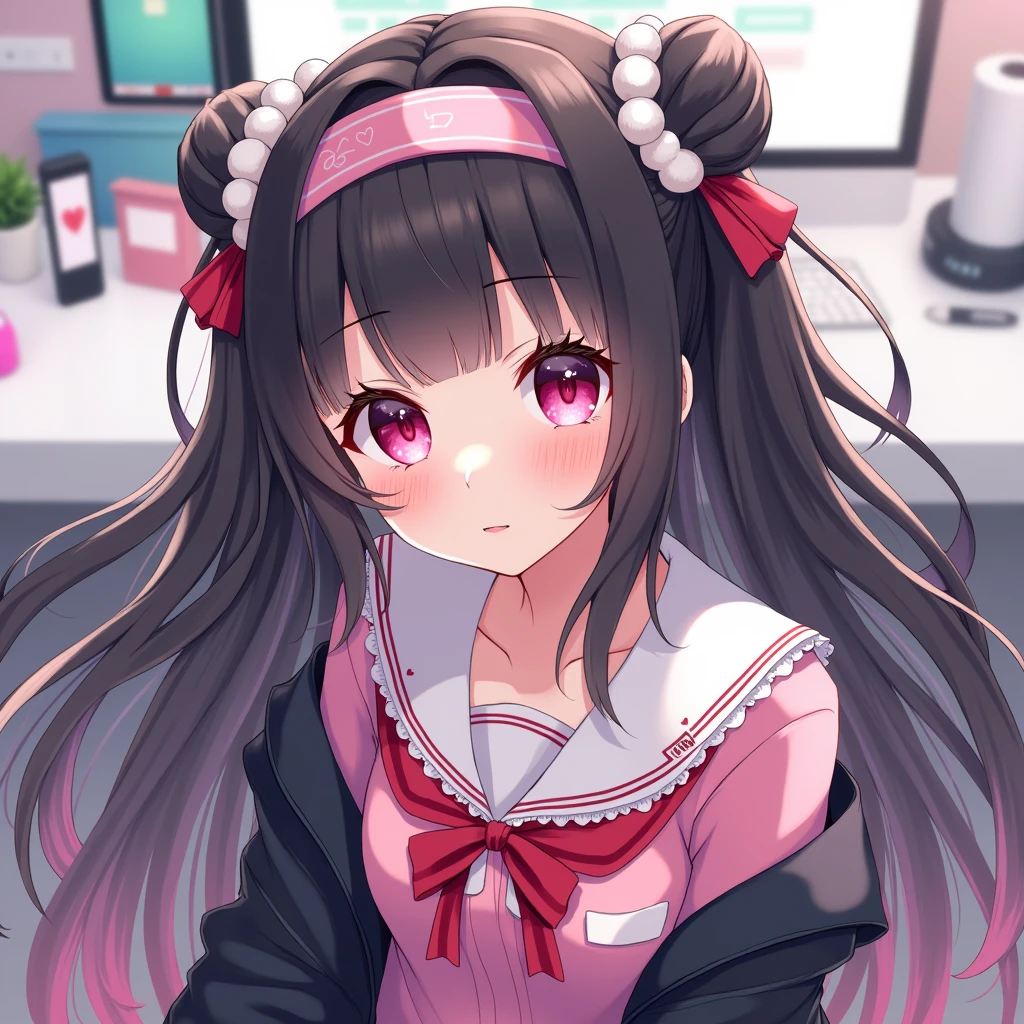 One person, Black Hair,Pink inner color,Long Hair, bangs,Half Twin Tail,Pink eyes, Droopy eyes,Take a closer look, Hearts in eyes, ribbon, Headband, White fluffy hair accessories,anime, anime風, skirt,Pale skin,Frills,Mine system,smartphone,Pink Sailor Suit,Dark cardigan,Drooping eyes,Confused eyes,Worried brow,Yandere,background computer,smartphone,delivery,Illness,Expose