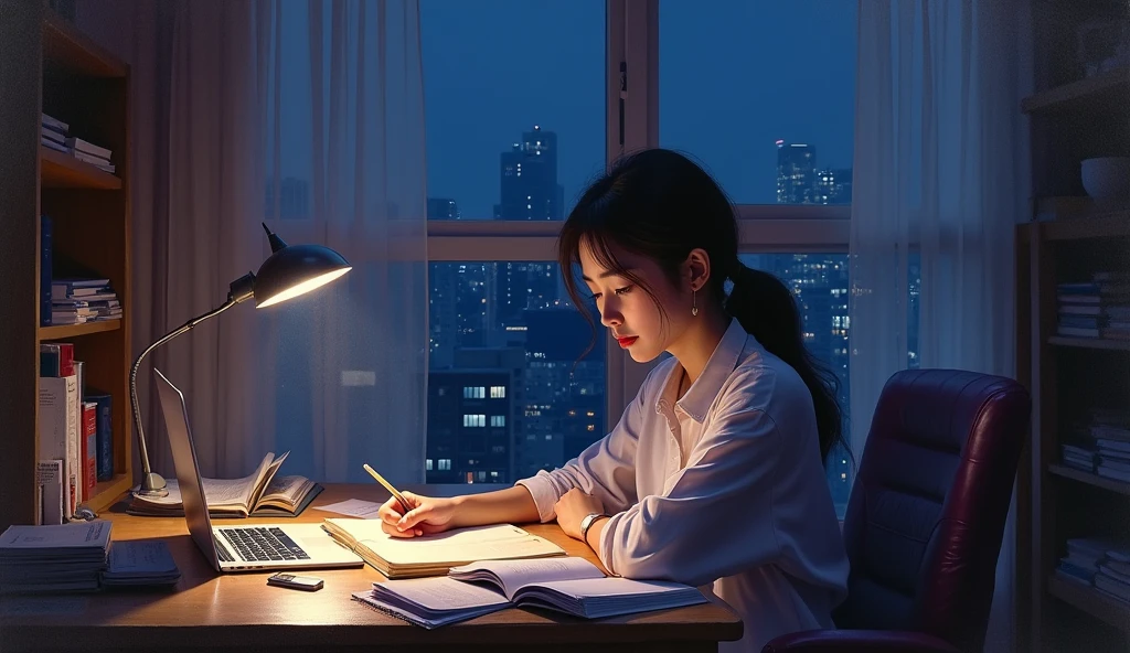 A stunning oil painting of a young beautiful Korean woman studying, beautifully portrayed with a lost and melancholic expression. In the soft glow of a study lamp, a she sits in her comfortable chair, surrounded by the organized chaos of study materials. Her desk is cluttered with open books, a laptop, and a mobile phone, each item a tool in her quest for knowledge. In a softly lit room, the young girl sits at her desk, engrossed in her studies. The warm glow from her desk lamp casts a gentle light over her open books, laptop, and scattered notes. Standing beside her, her elderly father and her mother watch with evident pride and admiration. Their faces are illuminated by the room's light, reflecting their joy and satisfaction. The window beside her at a distance, reveals the deep blue of night time, with the city lights faintly glimmering in the distance. The room is bathed in a warm, focused light that contrasts with the cool darkness outside, creating a serene, studious atmosphere., adding to the sense of unease. The painting exhibits a dream-like, impressionistic style, with visible brushstrokes that create a sense of depth and texture. The color palette primarily consists of deep purples, greys, and blacks, evoking a depressive atmosphere. wide shot.