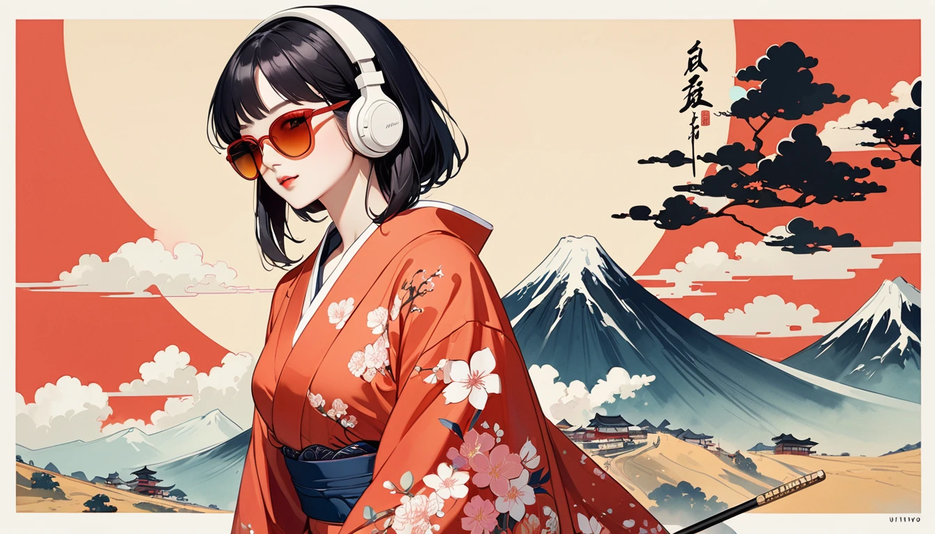 Ink Painting, (((1 girl))), (((music festival))), sunglasses, Japanese style headphones, Japanese beauty, Black Hair, big breast,Delicate and precise, Modern ukiyo-e style, vivid color