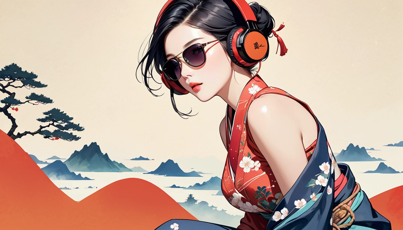 Ink Painting, (((1 girl))), (((music festival))), sunglasses, Japanese style headphones, Japanese beauty, Black Hair, big breast,Delicate and precise, Modern ukiyo-e style, vivid color