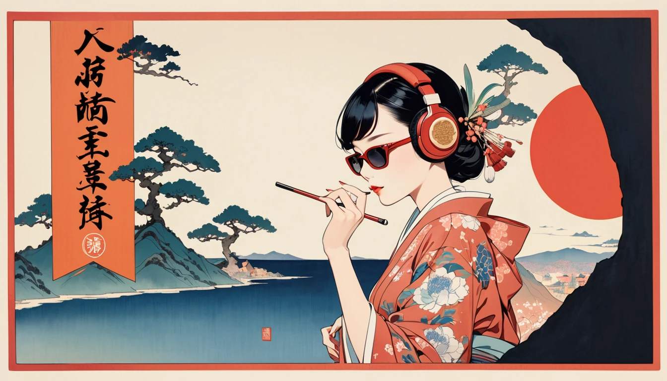 Ink Painting, (((1 girl))), (((music festival))), sunglasses, Japanese style headphones, Japanese beauty, Black Hair, big breast,Delicate and precise, Modern ukiyo-e style, vivid color