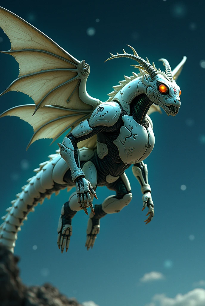 Starry Sky, in flight, BLAKE, 1 robot, humanoid cyborg dragon, 2 meters tall, bioroid, cyborg with beetle and dragon characteristics, face shield with oriental dragon and beetle motifs, two insect compound eyes, beetle Shiny armor panels that closely resemble the outer shell of a dragon, a beautiful white armor color and green polarization, a plant-like muscular internal frame, elytra on its back, four dragon wings and thrusters stored inside the elytra, Insect wing veins on dragon wing skeleton,