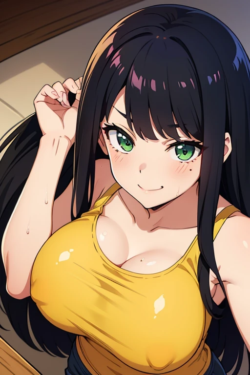 Young Face，tender，flexible，Very short stature，The room is bright，Colossal ，childish，red tank top, gigantic breasts 5.5, colossal breasts, massive breasts, yellow t-shirt, wet clothes, smug face, cute smile, mischievous, green eyes, very long hair, black hair, purple underhair, side bangs, gradient hair, looking from above, close to viewer, young girl, cute, blushing, beauty marks on face