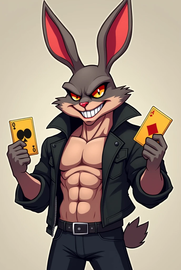 cartoon rabbit devil face ,bandit, black jacket, shirtless, ABS, Golden cards