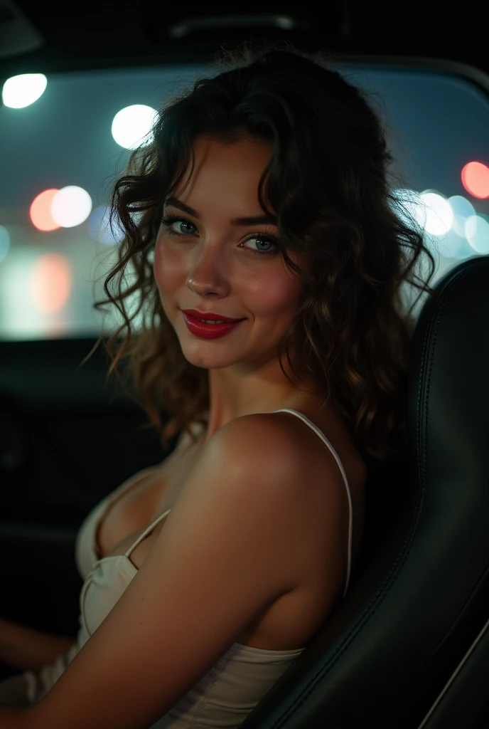 Cute eighteen year old, passenger seat of car, short dress, low cut top, brunette, young, eye contact, nighttime, street lights, smiling, smile, young girl, thin legs, skinny, short skirt, eighteen, sweet, parking lot, closed mouth, mouth closed, slim, tiny body, 18, blonde, bright blue eyes, red lipstick, curly hair