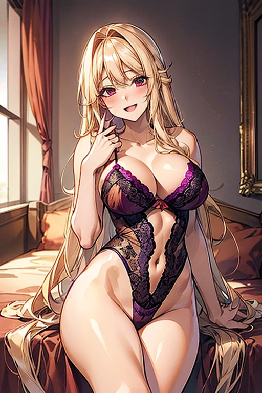  Very detailed、highest quality、Best image quality、masterpiece、8k、Anime Face、A kind smile、Open Mouth、(Blonde long hair:1.5)、big breast, sexy、 beautiful body 、Cowboy Shot, Sexual Intercourse, (red eyes),hotel bedroom, busty, buxom, curvy, voluptuous,(((purple lingerie))),