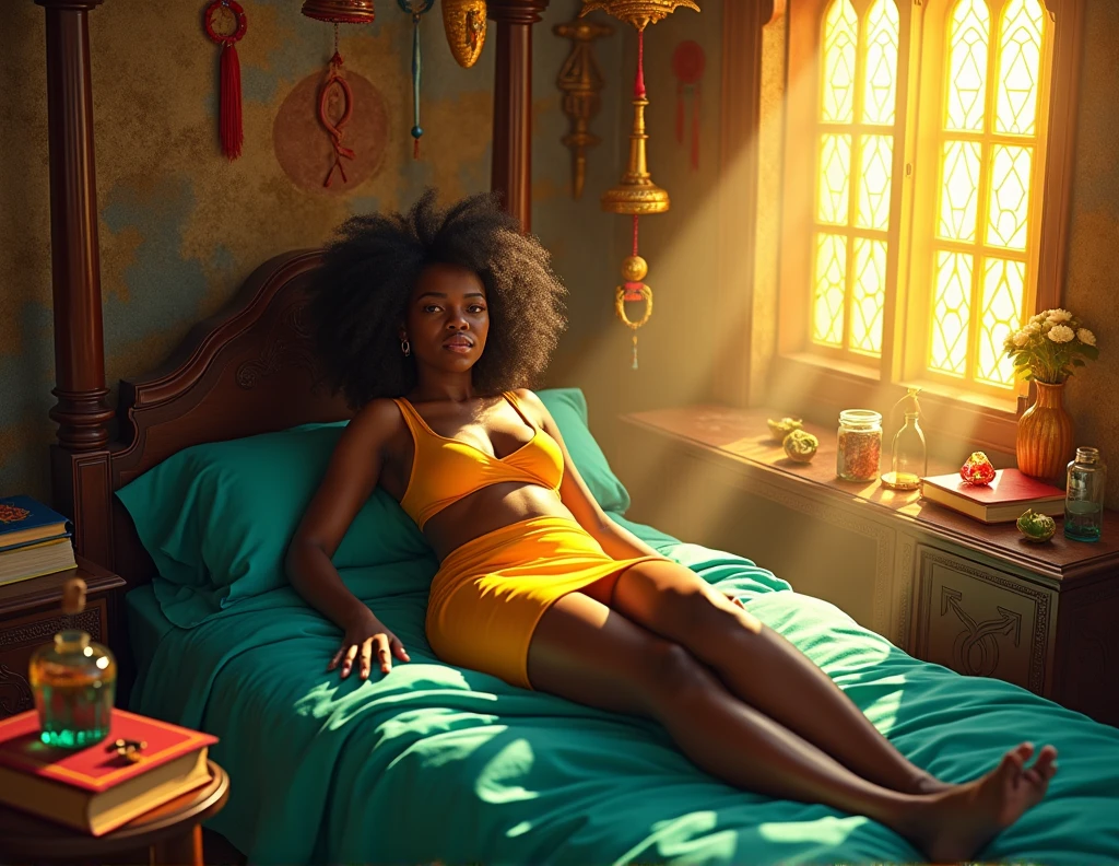 In a grand medieval tower bathed in bright sunlight, an African witch with a big, curvy body rests on a bed covered in brilliant turquoise linens. She’s wearing a bright yellow crop top and mini skirt, the fabric hugging her curves, highlighting every inch of her voluptuous figure. The sun’s rays illuminate her dark skin, creating a glowing aura around her body. The room is filled with vibrant spell books, potions in glass bottles that catch the light, and talismans hanging from the walls. From above, the scene captures her as the centerpiece of the radiant room, her curves and presence dominating the space in the full brightness of day.